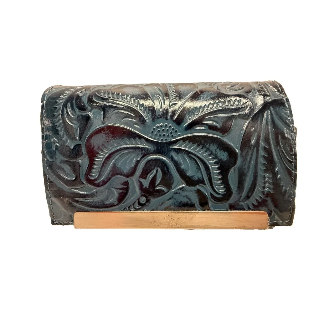 PATRICIA NASH CAMETTI Leather Trifold Wallet Clutch TOOLED‎ BLUE FLORAL NWTS